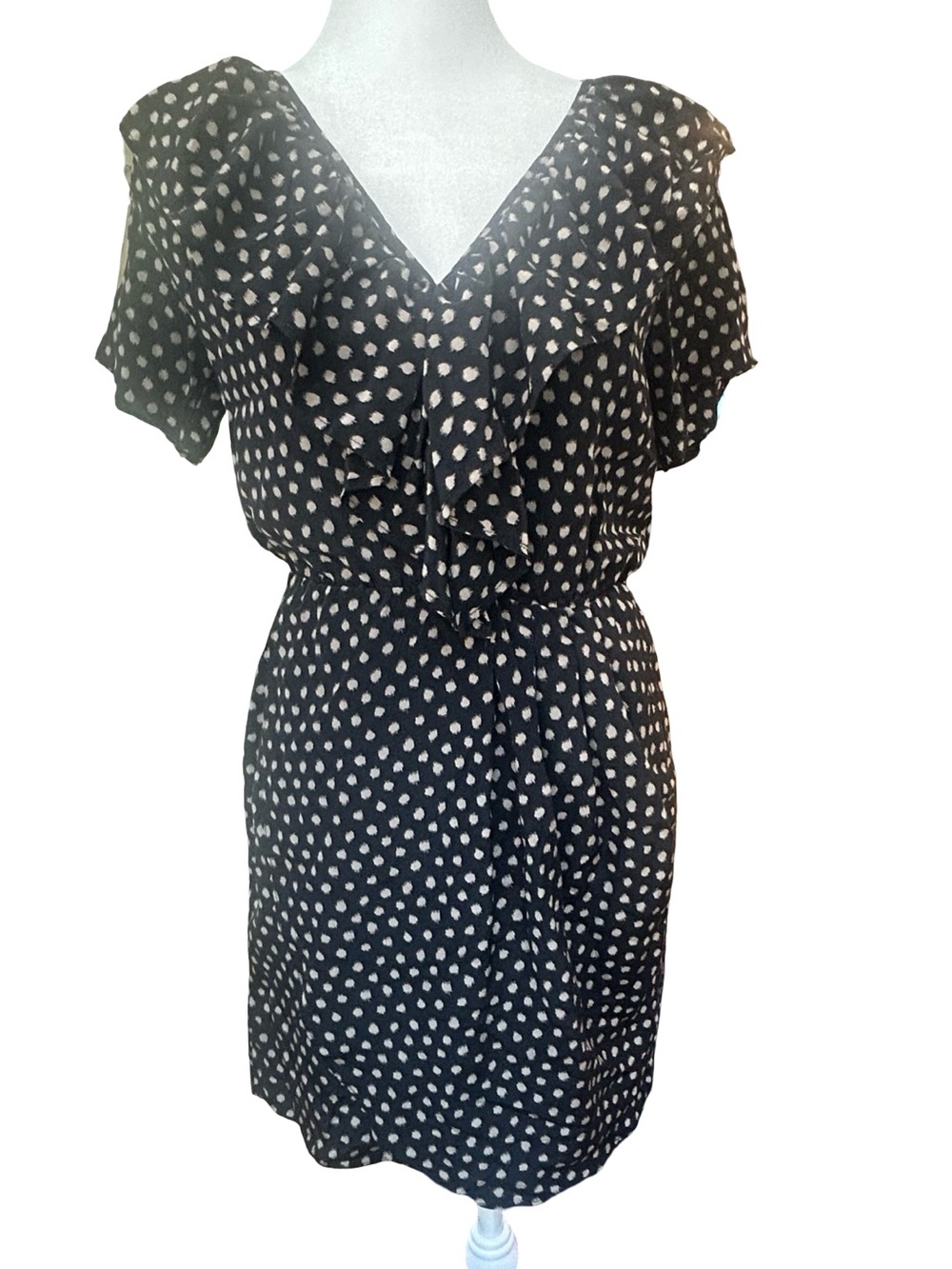Amanda Uprichard Polka Dot 100% Silk ruffle V-neck Elastic Waist Mini dress S